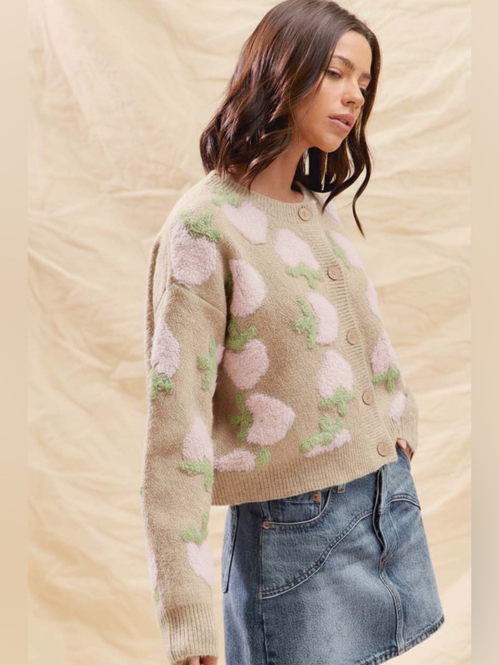 SO ME Strawberry Fruit All Over Button Sweater Cardigan - Picture 2 of 4